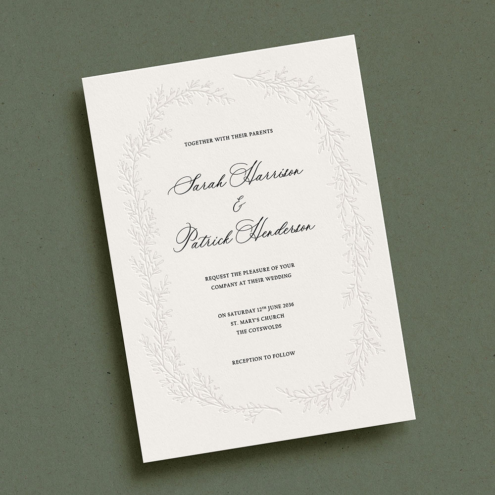 'Cotswold Wreath' Bespoke Blind Debossed Wedding Invite