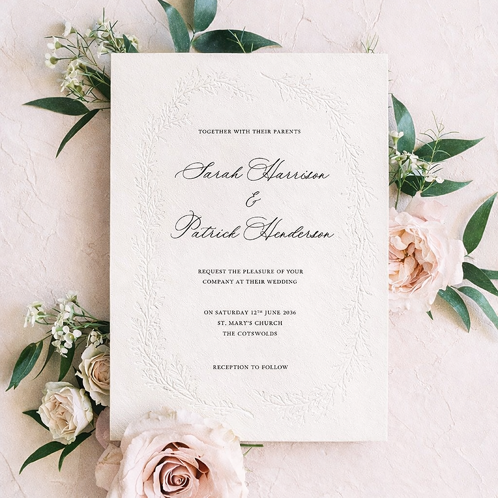 'Cotswold Wreath' Bespoke Blind Debossed Wedding Invite