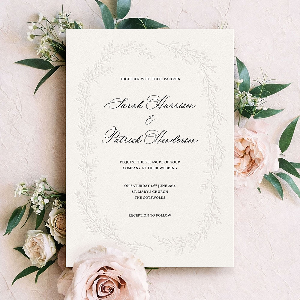 'Cotswold Wreath' Bespoke Blind Debossed Wedding Invite