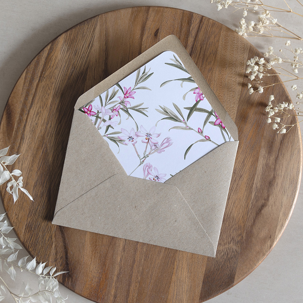 'Pink Botanical' Printed Envelope Liner Sample with Envelope