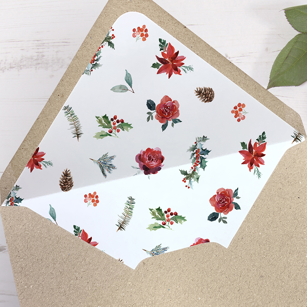 'Christmas Holly' Printed Envelope Liner with Envelope