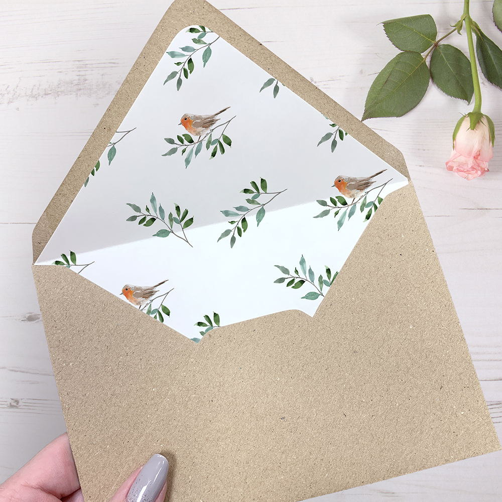 'Christmas Robin' Printed Envelope Liner Sample with Envelope