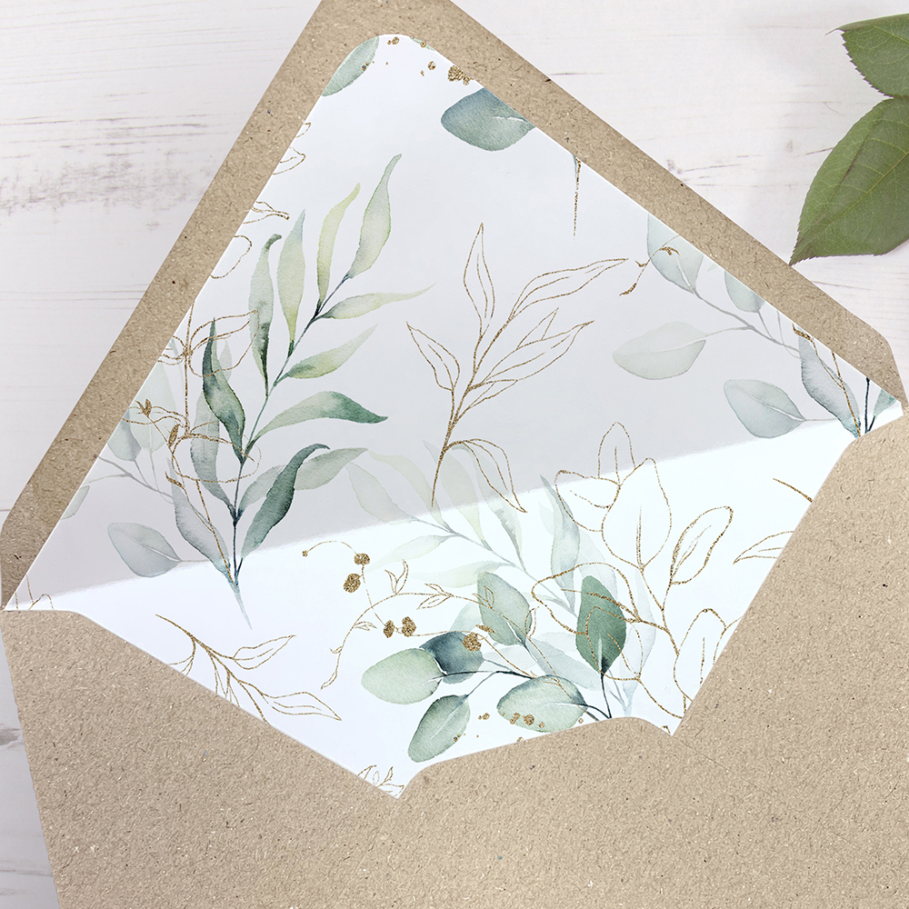 'Green & Gold Eucalyptus' Printed Envelope Liner Sample with Envelope