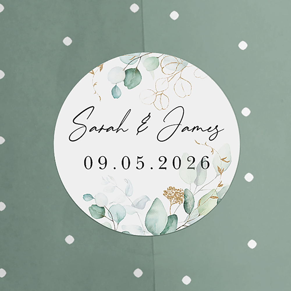'Green & Gold Eucalyptus EG10' Hole-punched Save the Date Sample