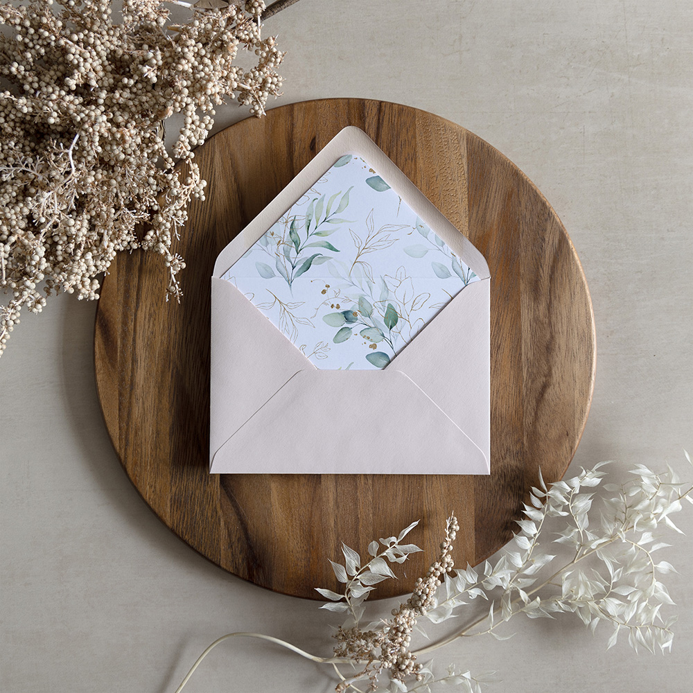 'Green & Gold Eucalyptus' Printed Envelope Liner Sample with Envelope
