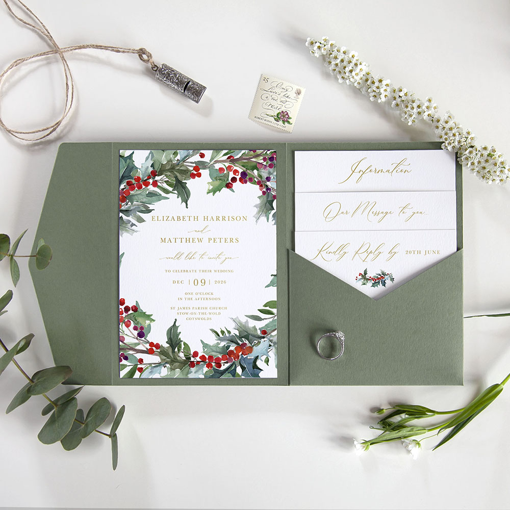 'Christmas Holly' Foil Pocketfold Wedding Invitation