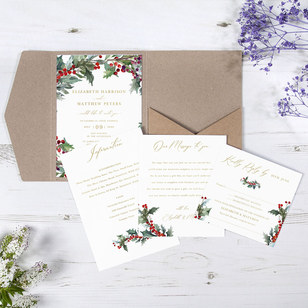 'Christmas Holly' Foil Pocketfold Wedding Invitation