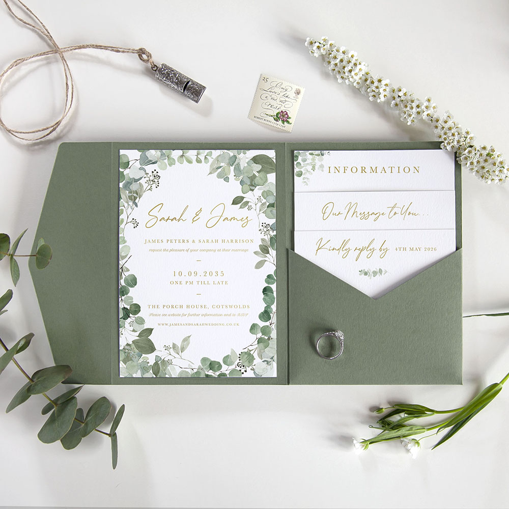 'Classic Eucalyptus CE21' Foil Pocketfold Wedding Invitation