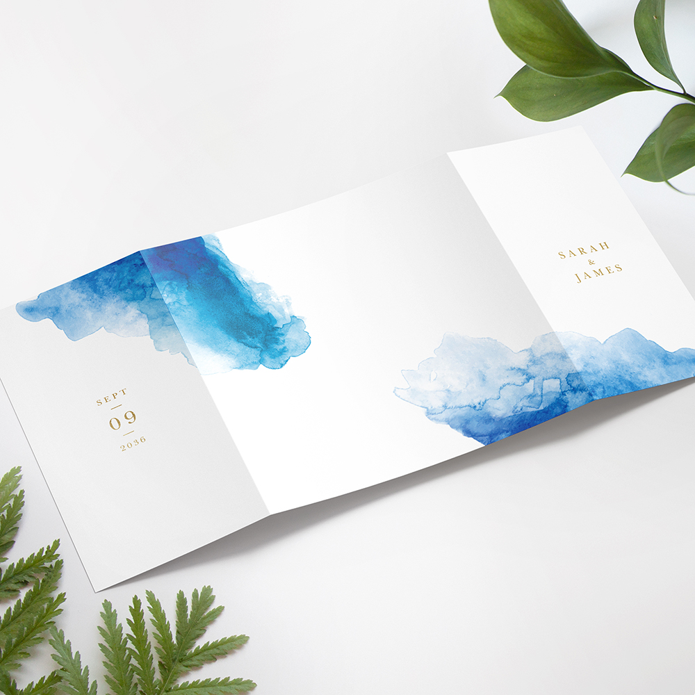 'Blue Watercolour Splash' Foil Printed Gatefold Wedding Invitation