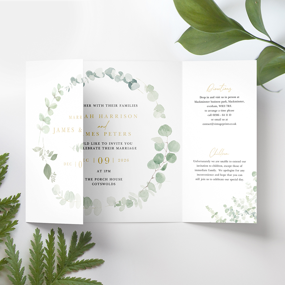 'Classic Eucalyptus' Foil Printed Gatefold Wedding Invitation