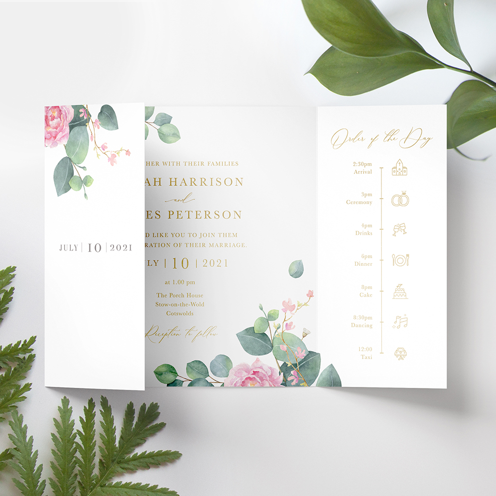 'Eucalyptus Blush' Foil Printed Gatefold Wedding Invitation