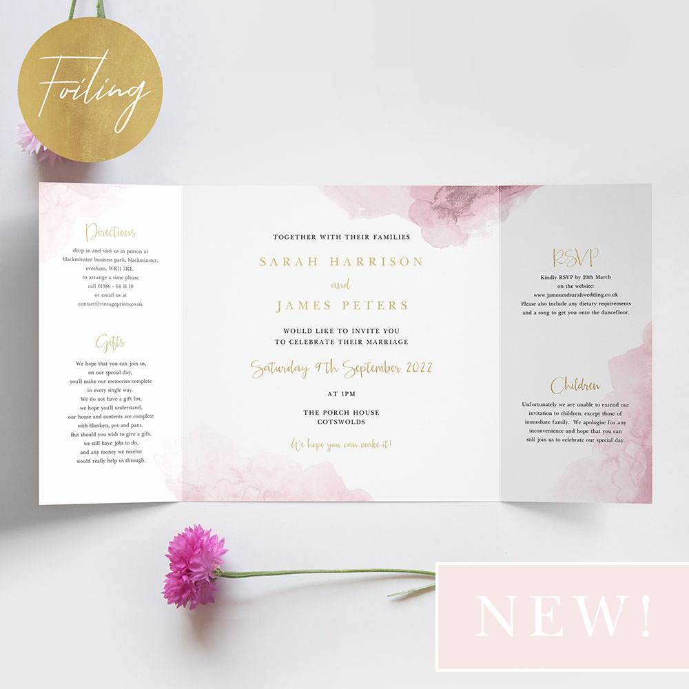 'Pink Splash' Foil Printed Gatefold Wedding Invitation