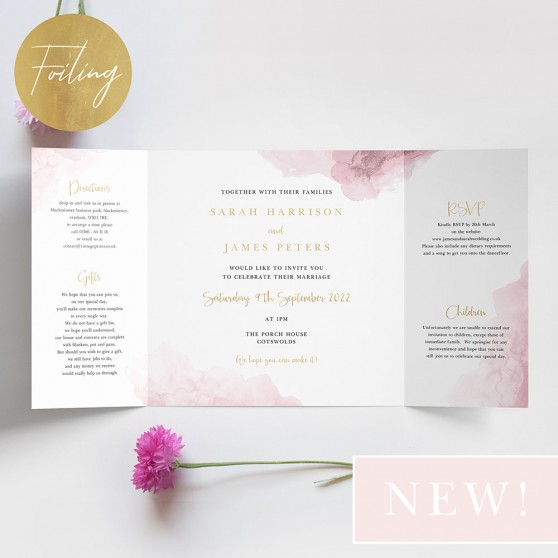 'Pink Splash' Foil Printed Gatefold Wedding Invitation