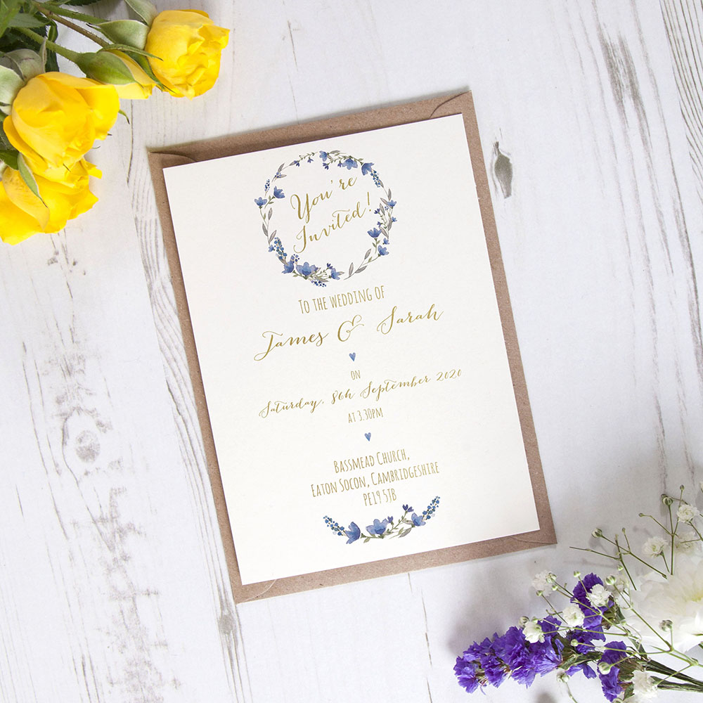 'Blue Floral Watercolour' Standard Foil Invite Sample