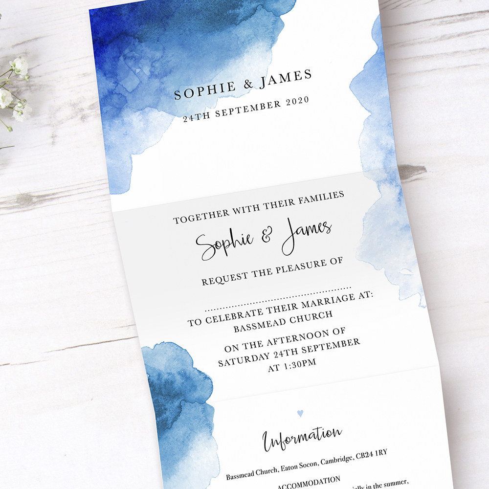 'Blue Watercolour Splash' Folded Invite Sample