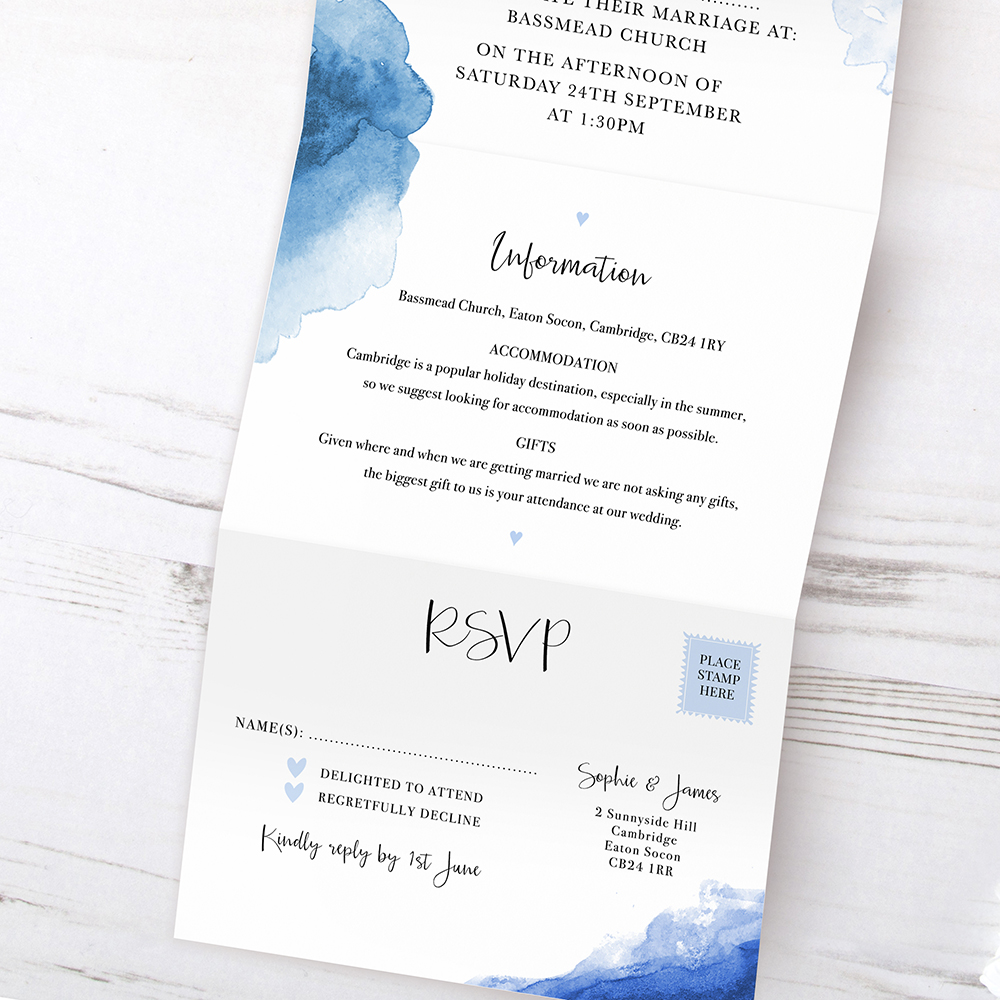 'Blue Watercolour Splash' Folded Invite Sample
