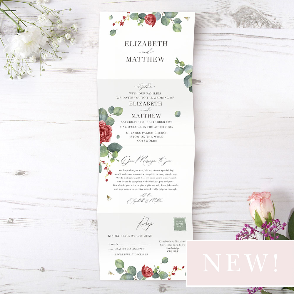 'Red Eucalyptus' Folded Wedding Invitation Sample