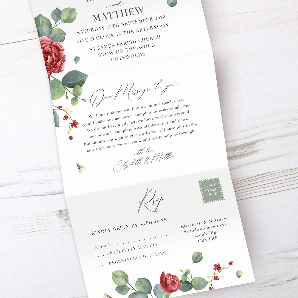 'Red Eucalyptus' Folded Wedding Invitation