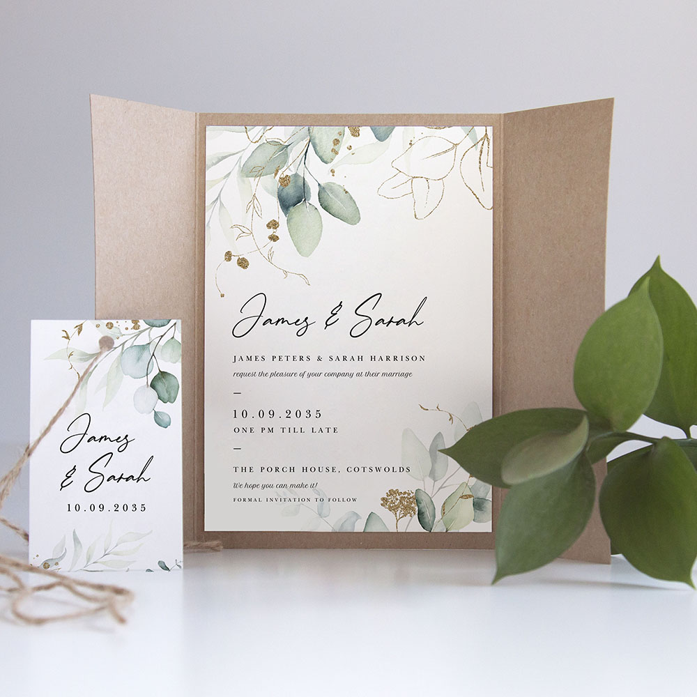 'Green & Gold Eucalyptus' Gatefold Wedding Invitation
