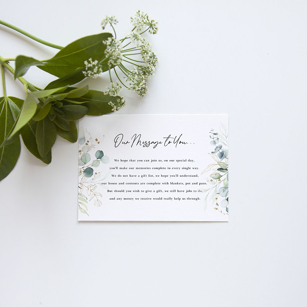 'Green & Gold Eucalyptus' Gatefold Wedding Invitation Sample