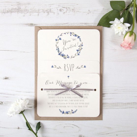 'Blue Floral Watercolour' Hole-punched Wedding Invitation