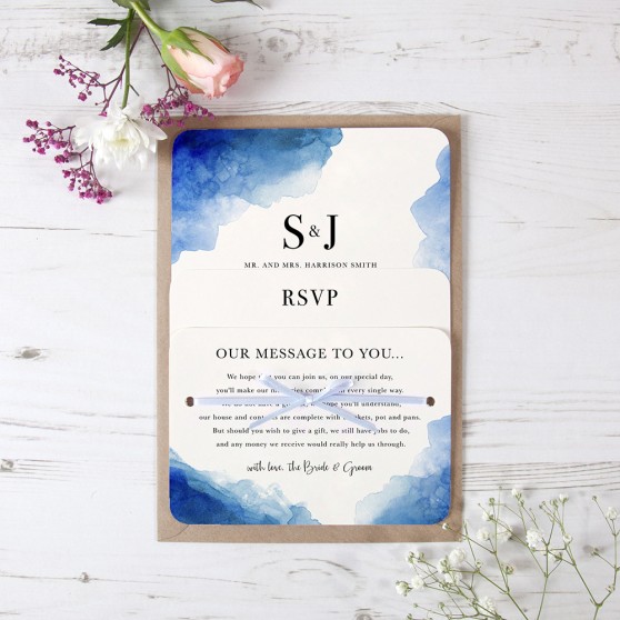 'Blue Watercolour Splash' Hole-punched Invite Sample