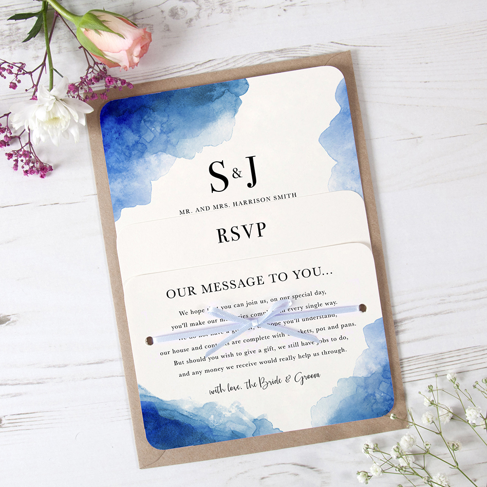 'Blue Watercolour Splash' Hole-punched Wedding Invitation