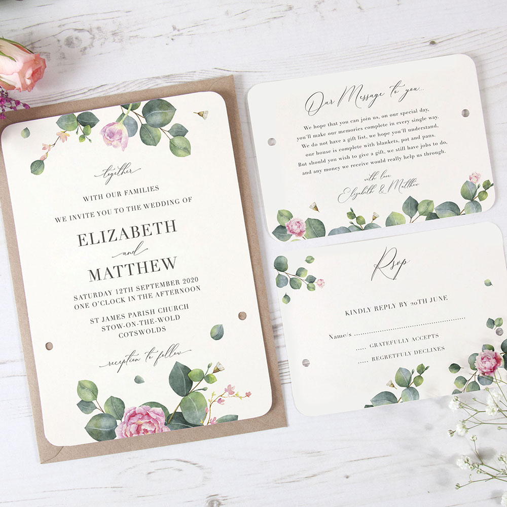 'Eucalyptus Blush' Hole-punched Wedding Invitation