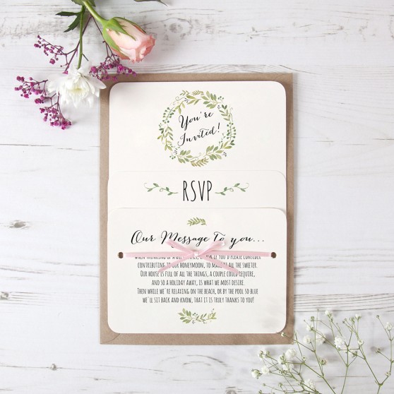 'Green Floral Watercolour' Hole-punched Wedding Invitation Sample