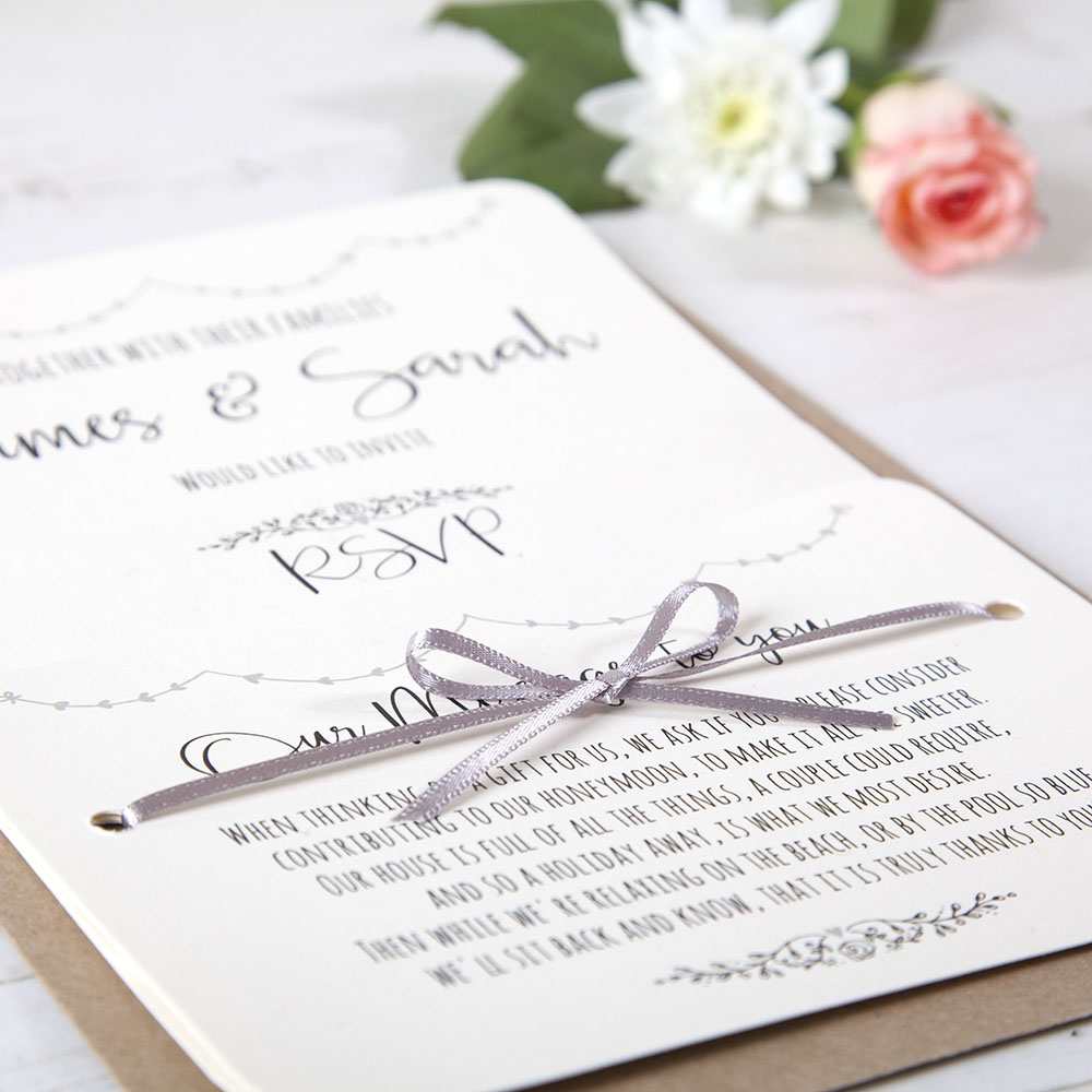 'Grey Heart Bunting' Hole-punched Wedding Invitation 