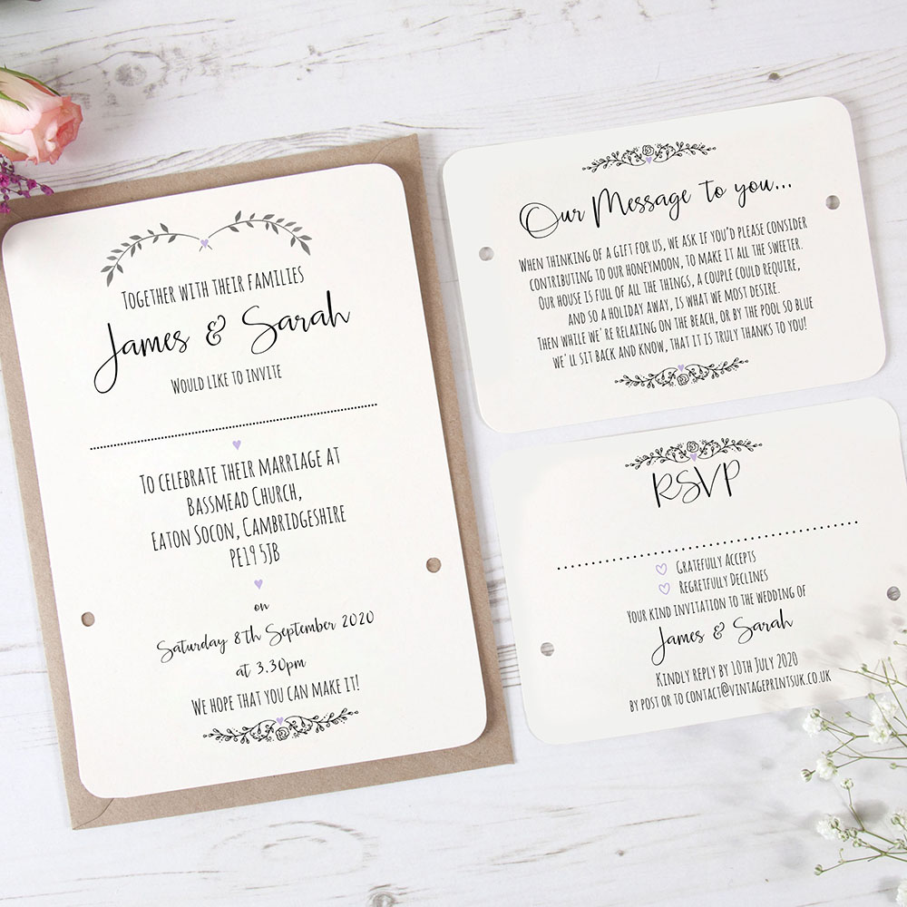 'Lavender Ivy Design' Hole-punched Wedding Invitation Sample
