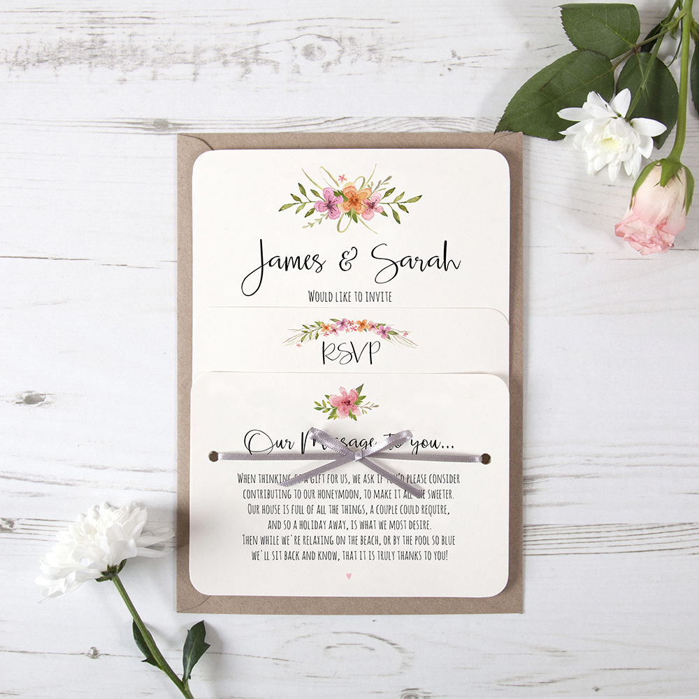 'Multi Floral Watercolour' Hole-punched Wedding Invitation