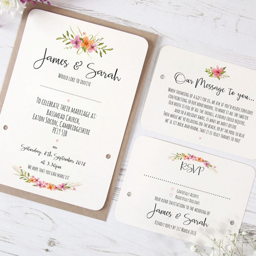 'Multi Floral Watercolour' Hole-punched Wedding Invitation Sample