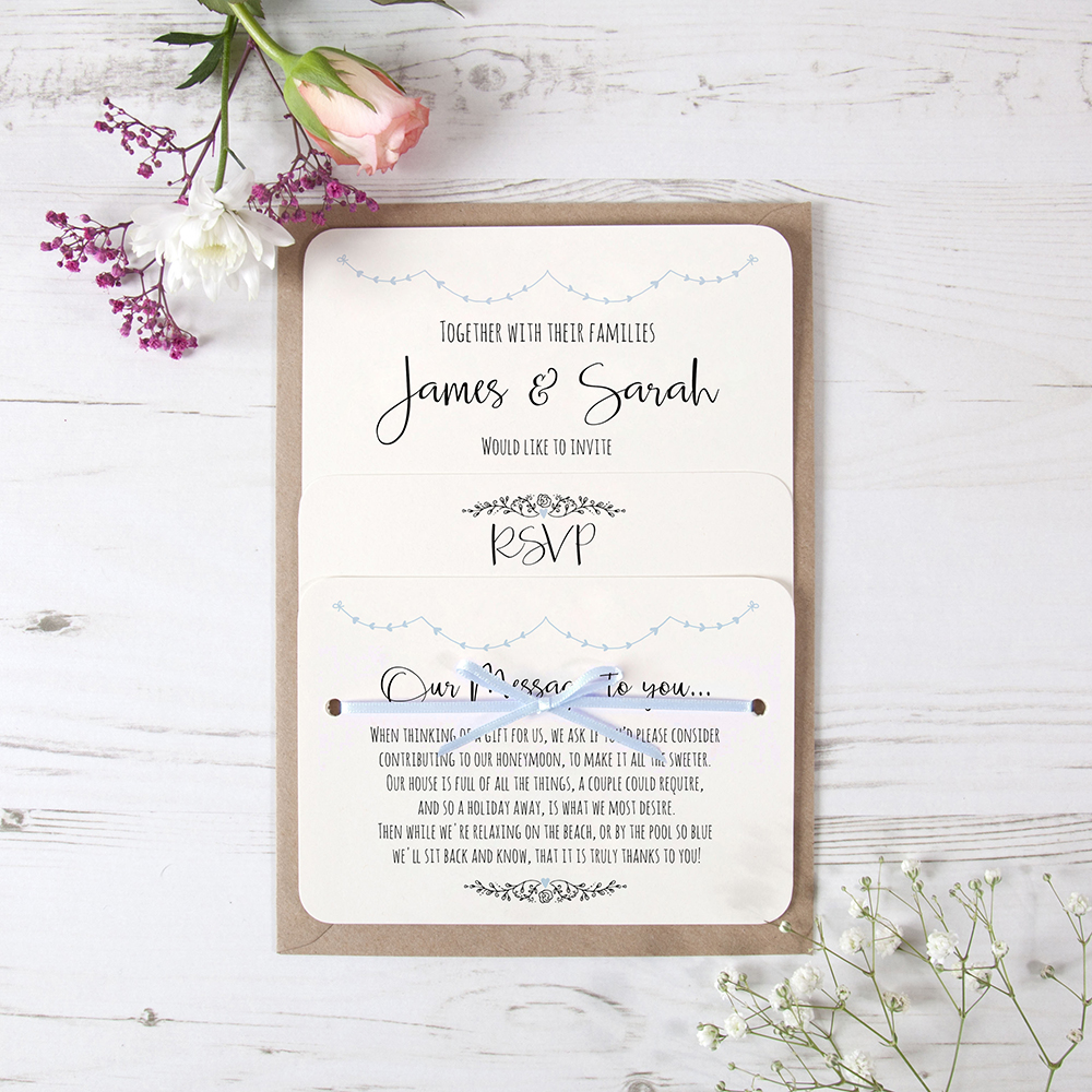 'Pale Blue Heart Bunting' Hole-punched Wedding Invitation