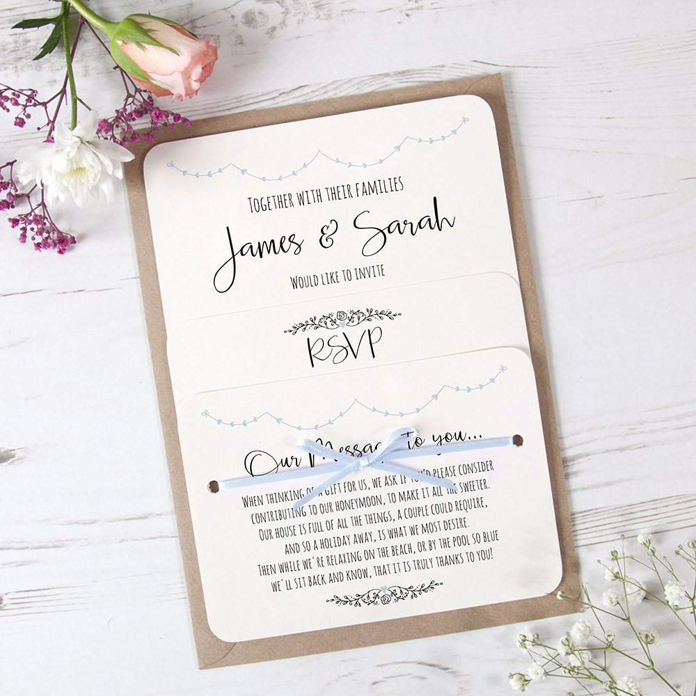 'Pale Blue Heart Bunting' Hole-punched Wedding Invitation Sample