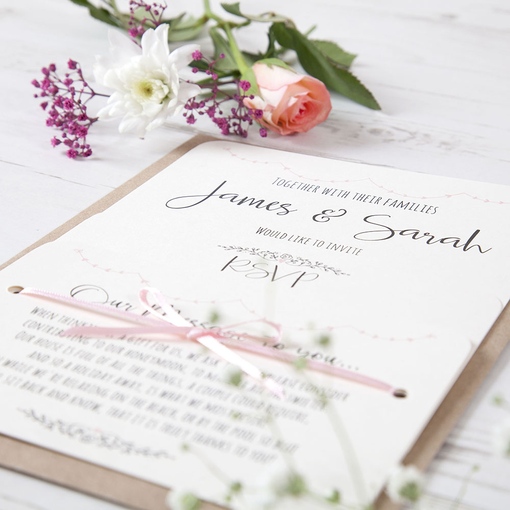 'Pink Heart Bunting' Hole-punched Wedding Invitation