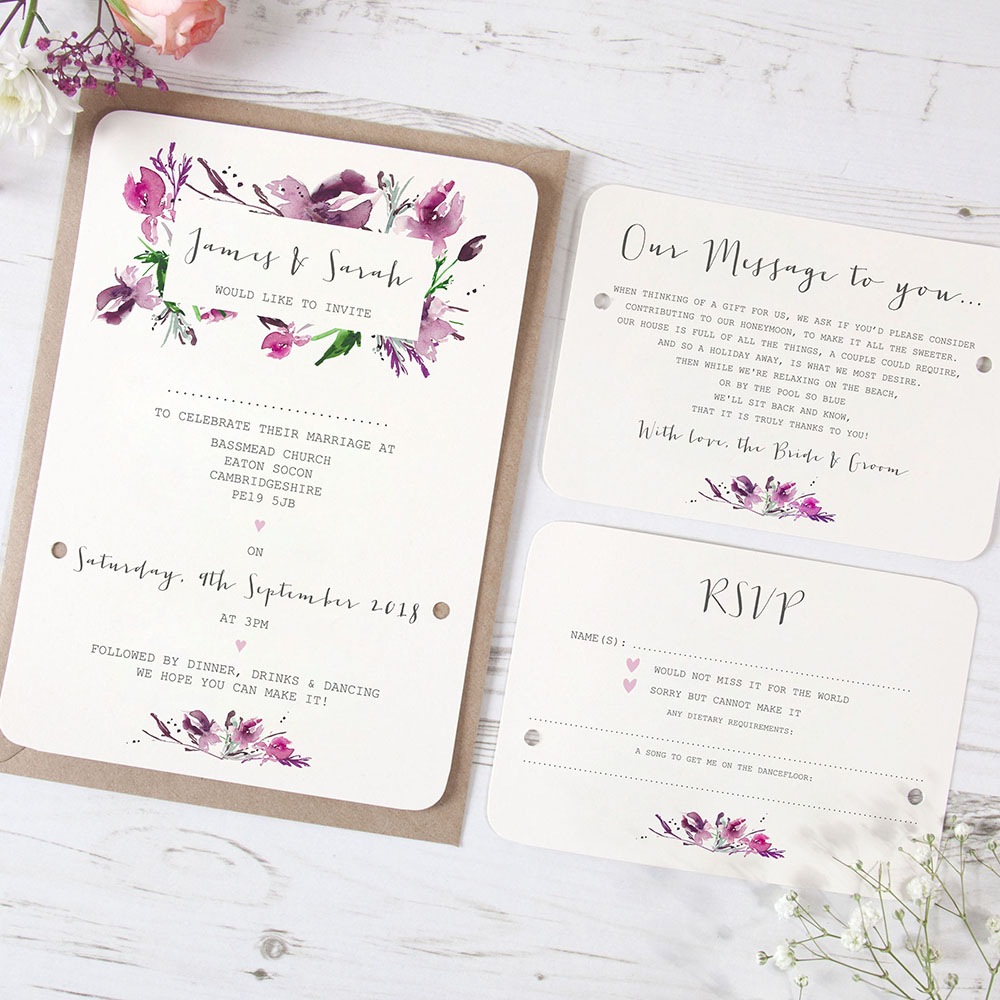 'Pink Iris' Hole-punched Wedding Invitation Sample