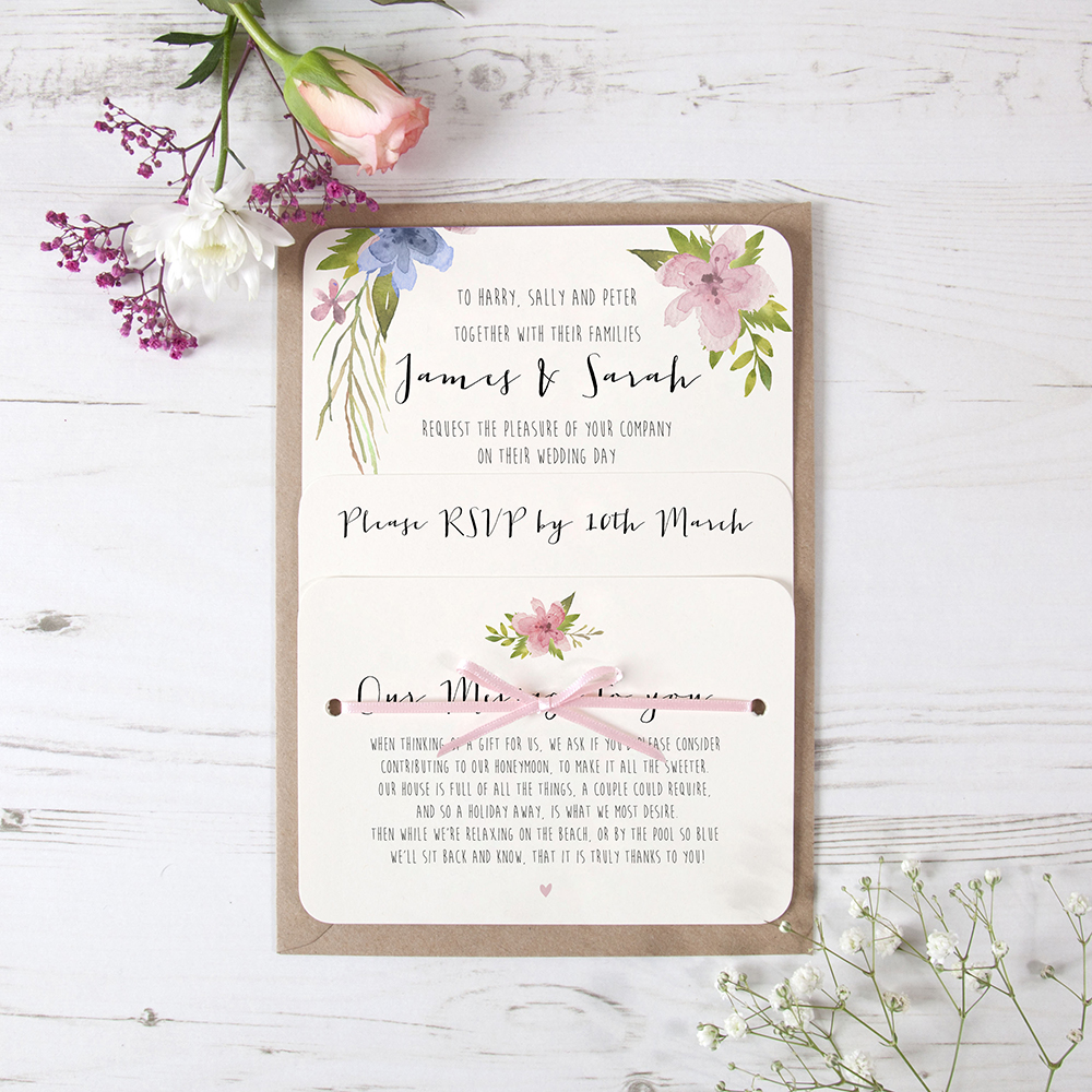 'Pretty in Blue & Pink' Hole-punched Wedding Invitation