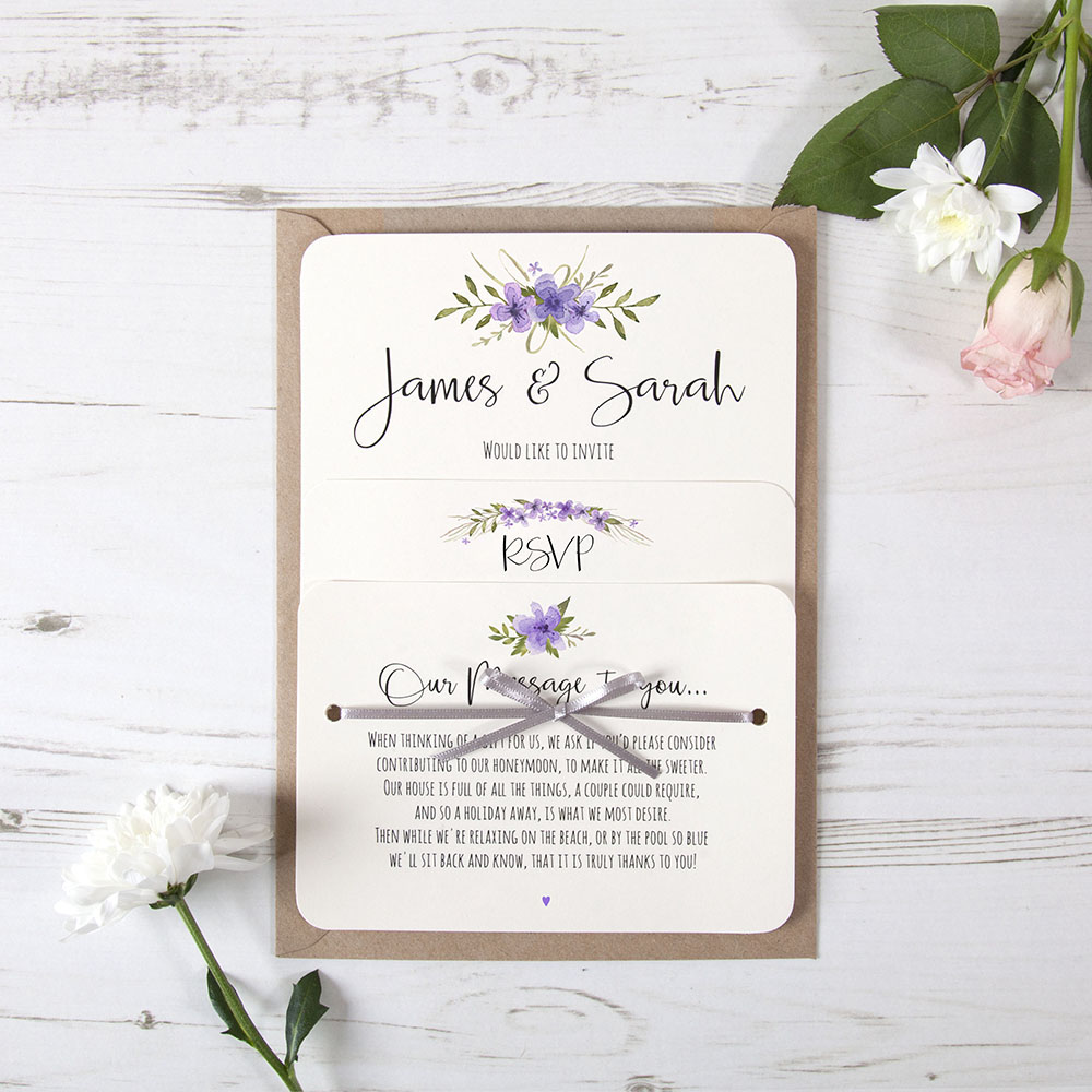 'Purple Multi Floral Watercolour' Hole-punched Wedding Invitation
