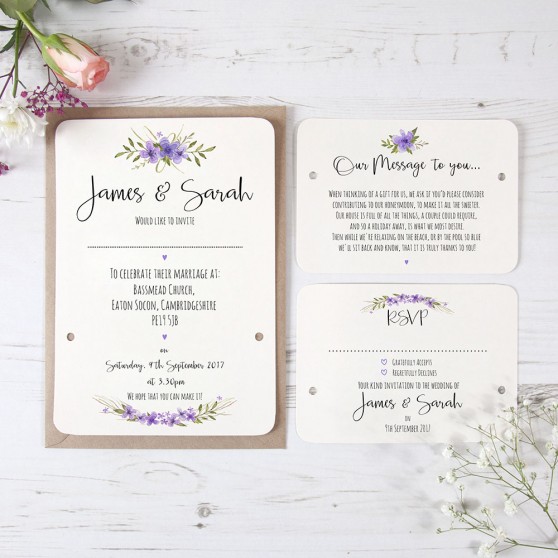 'Purple Multi Floral Watercolour' Hole-punched Wedding Invitation Sample
