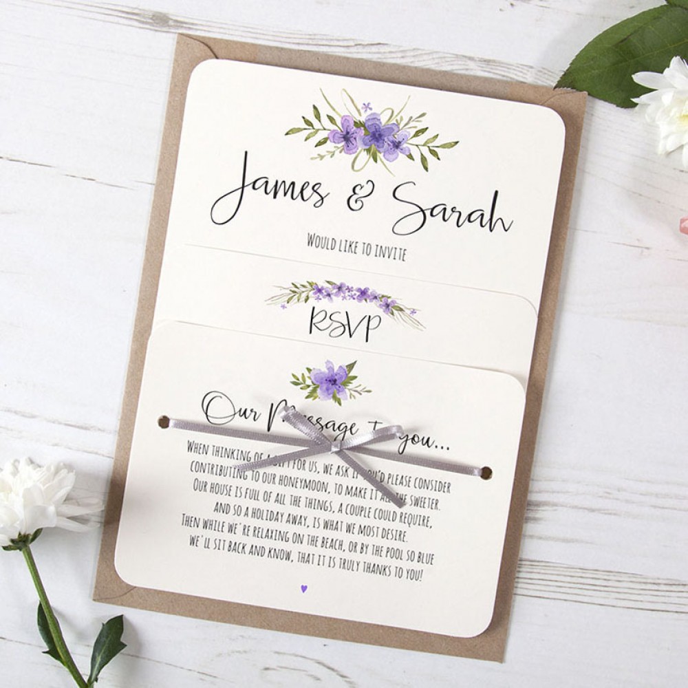 'Purple Multi Floral Watercolour' Hole-punched Wedding Invitation