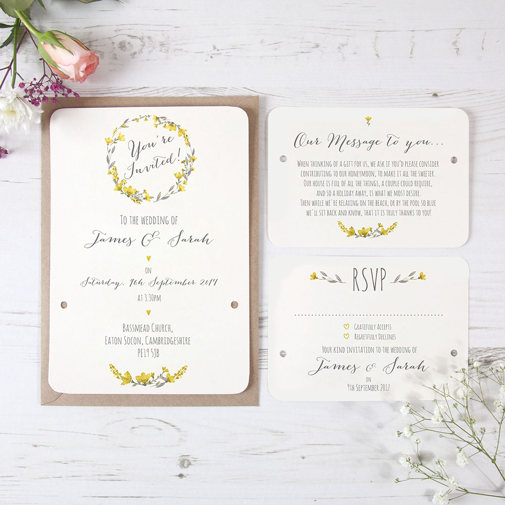 'Yellow Floral Watercolour' Hole-punched Wedding Invitation Sample
