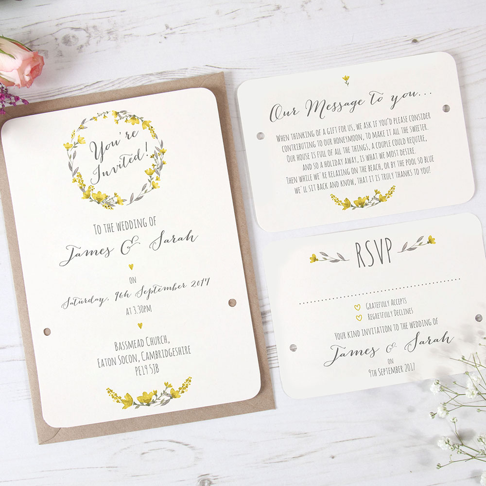 'Yellow Floral Watercolour' Hole-punched Wedding Invitation Sample