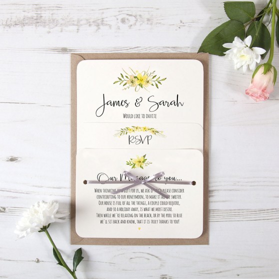 'Yellow Multi Floral Watercolour' Hole-punched Wedding Invitation Sample