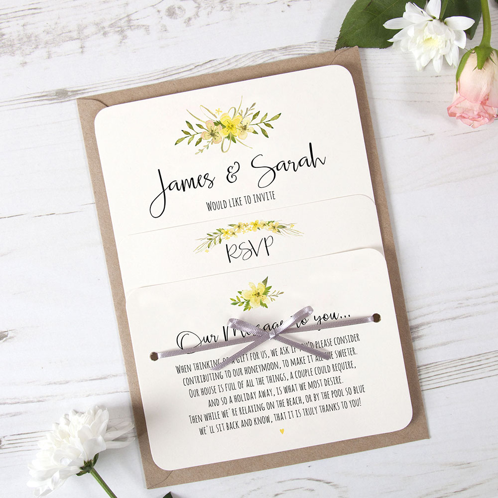 'Yellow Multi Floral Watercolour' Hole-punched Wedding Invitation Sample
