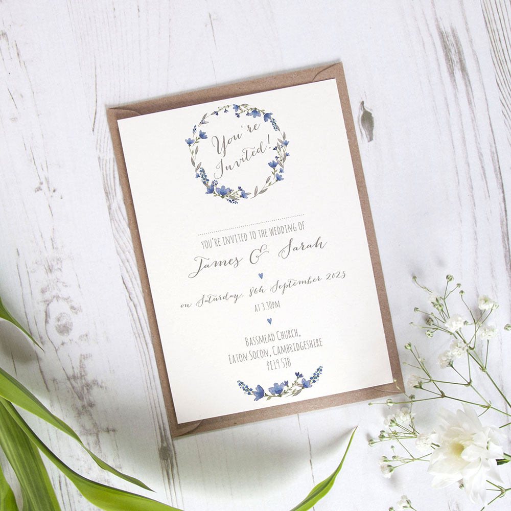 'Blue Floral Watercolour' Standard Wedding Invitation Sample
