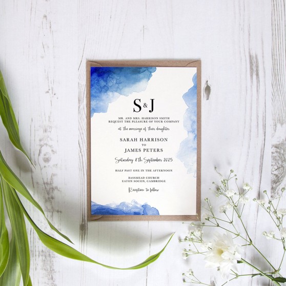 'Blue Splash Watercolour' Standard Wedding Invitation Sample