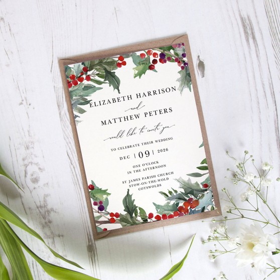 'Christmas Holly' Standard Wedding Invitation Sample