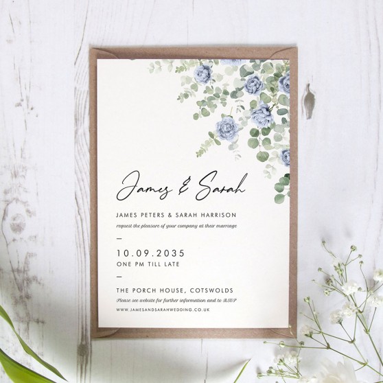 'CE24 Blue Floral Classic Eucalyptus' Standard Wedding Invitation