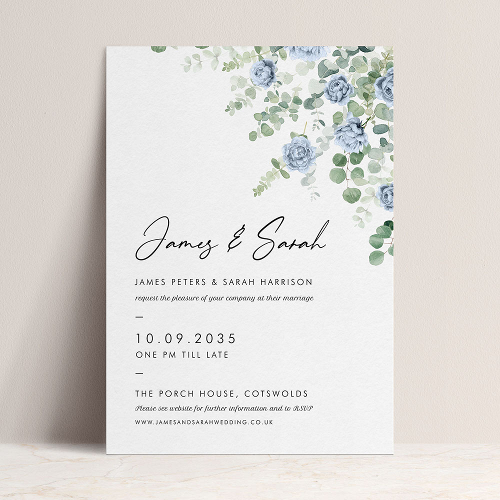 'CE24 Blue Floral Classic Eucalyptus' Standard Wedding Invitation Sample